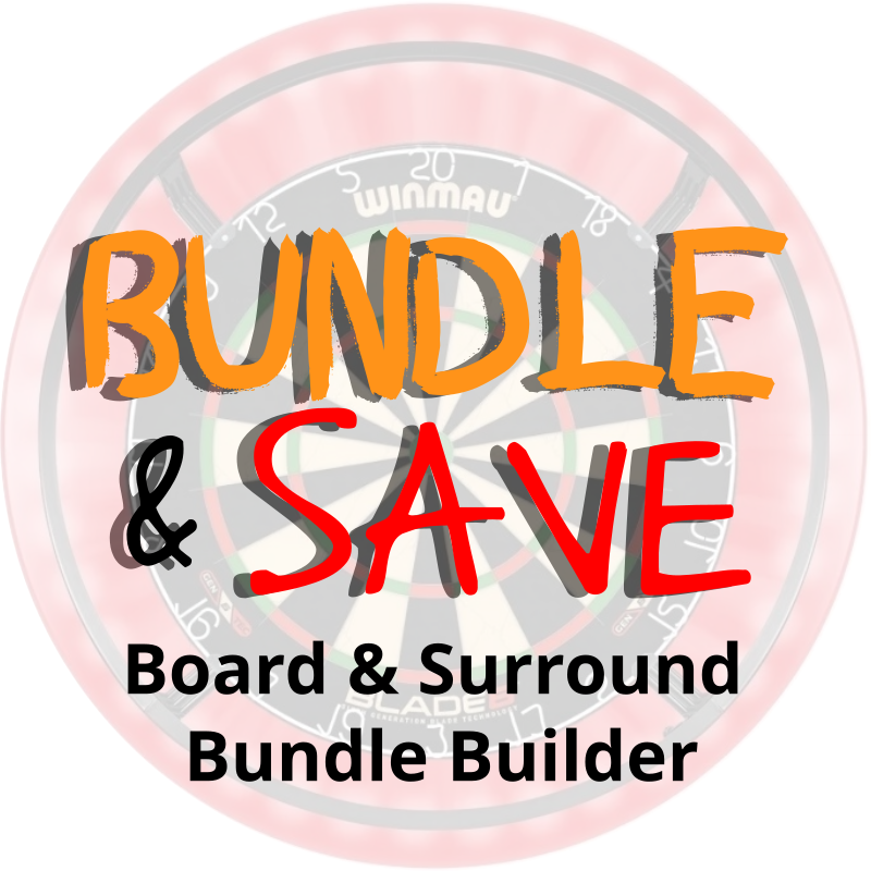 Promotional graphic for 'Bundle & Save' board and surround bundle builder with a dartboard design.