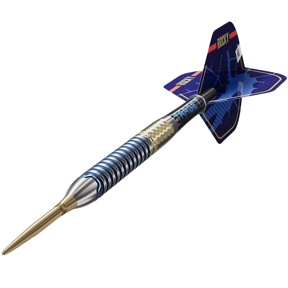 Decorative dart with blue and gold design on a white background