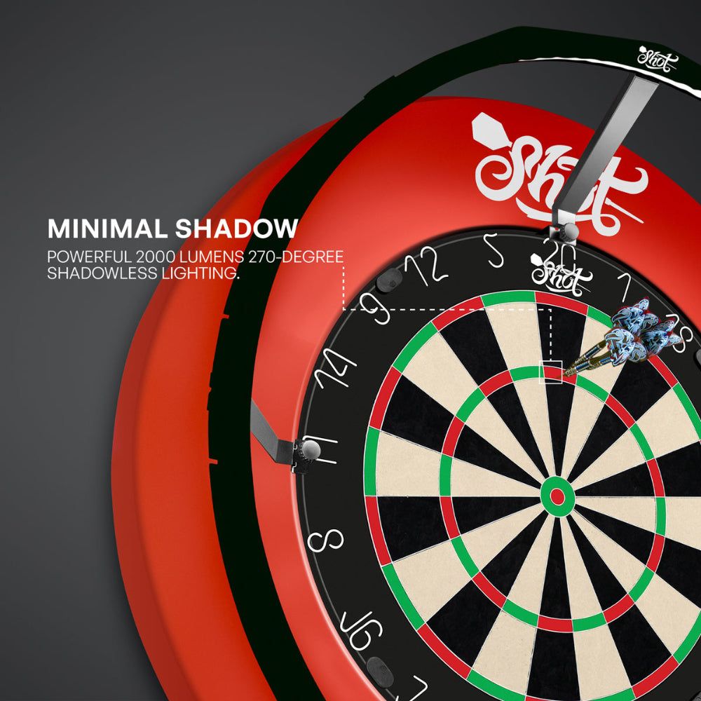 Dartboard with a red rim and a Shot logo, featuring a dart in the bullseye on a dark background.