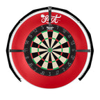 Dartboard with red outer ring and black bullseye on a white background