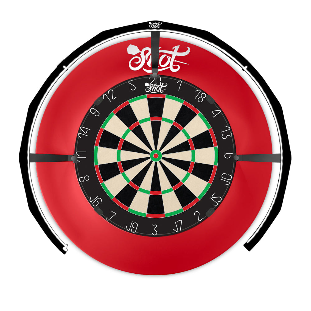 Dartboard with red outer ring and black bullseye on a white background