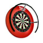 Dartboard with red rim and black and white bullseye on a white background