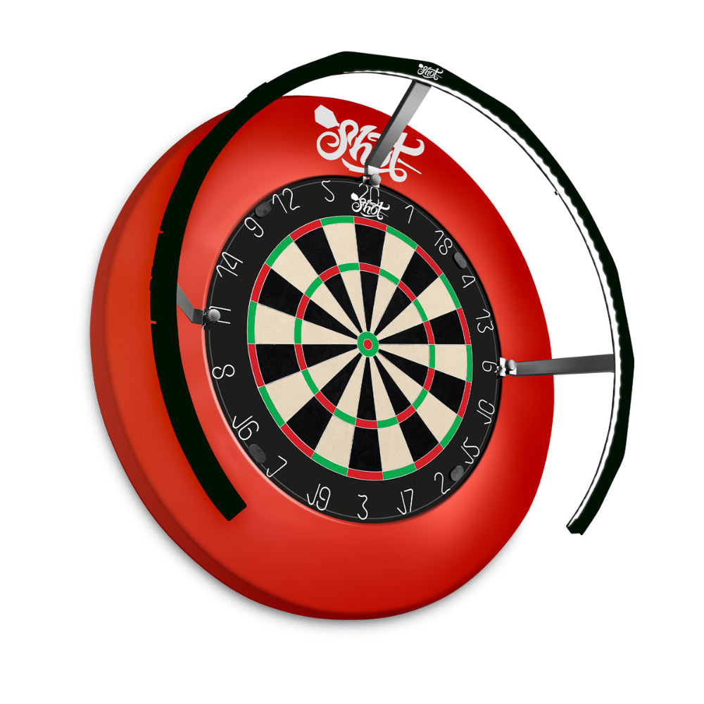 Dartboard with red rim and black and white bullseye on a white background