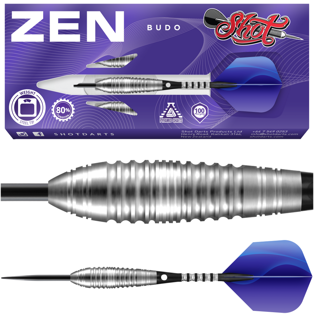 Shot Zen Budo darts with blue flights on a white background