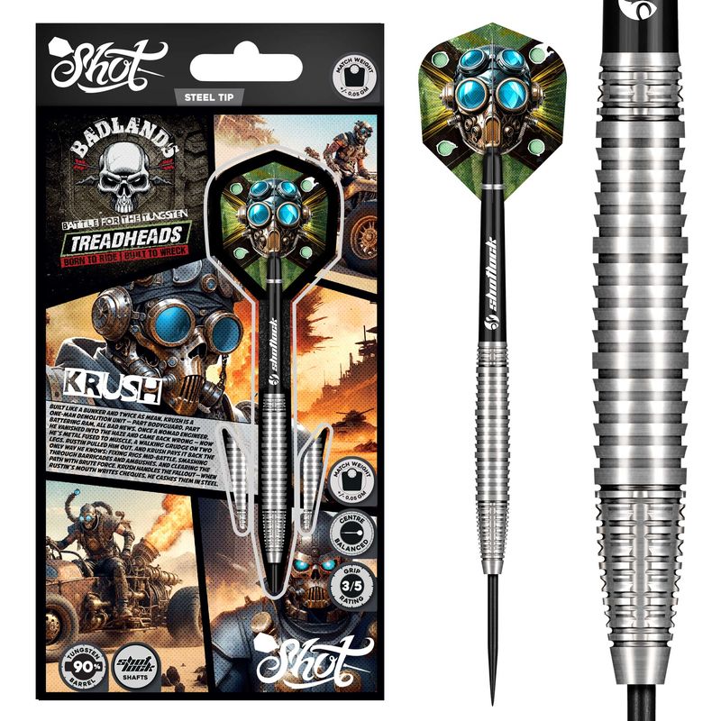 Shot Badlands Treadheads Krush darts with packaging on a white background