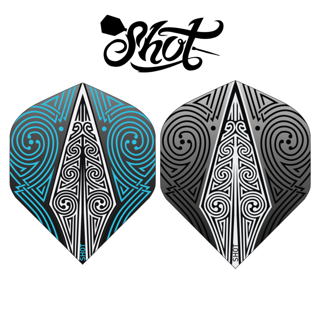 Two dart flights with a geometric pattern, one in blue and the other in black and white, both featuring the Shot brand logo.