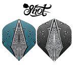 Two dart flights with a geometric pattern, one in blue and the other in black and white, both featuring the Shot brand logo.