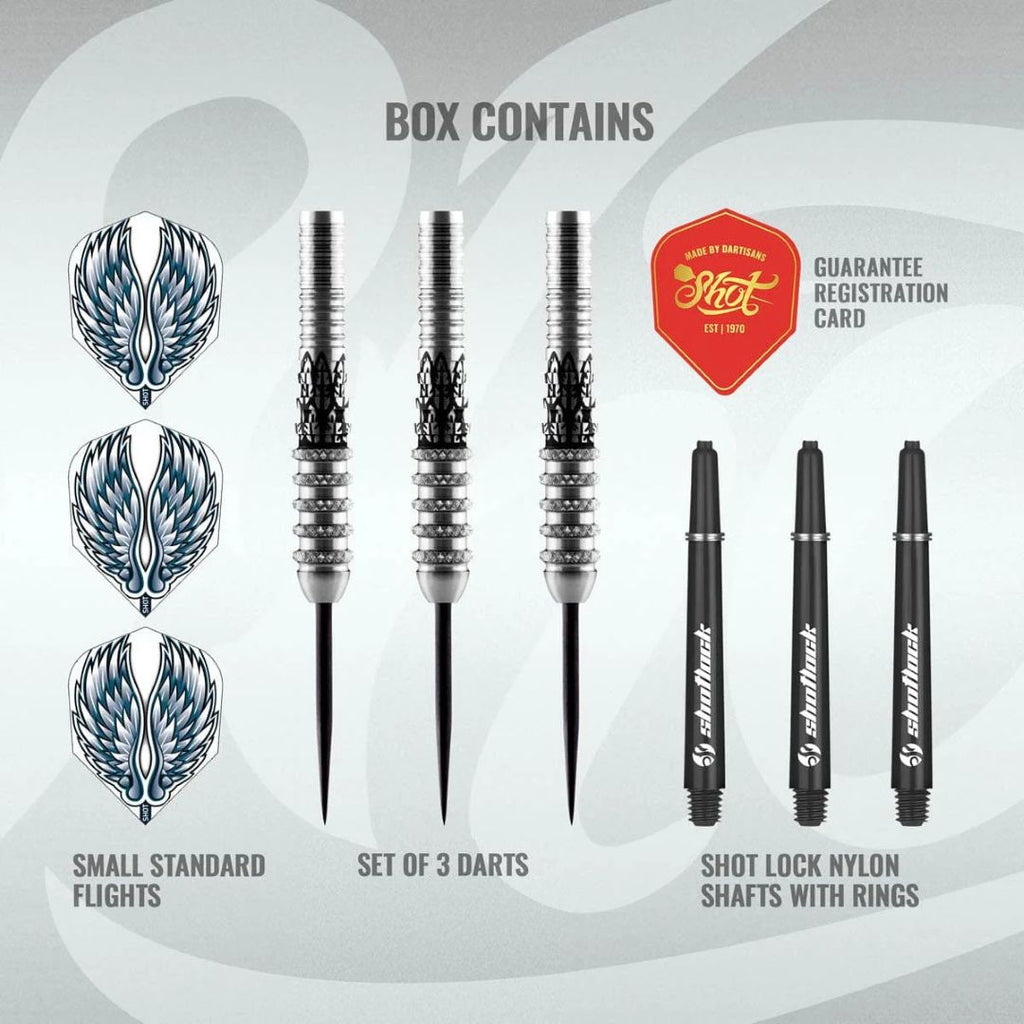 Set of darts with decorative flights and lock nylon shafts on a gray background
