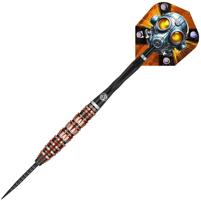 Dart with a metallic and orange design on a white background
