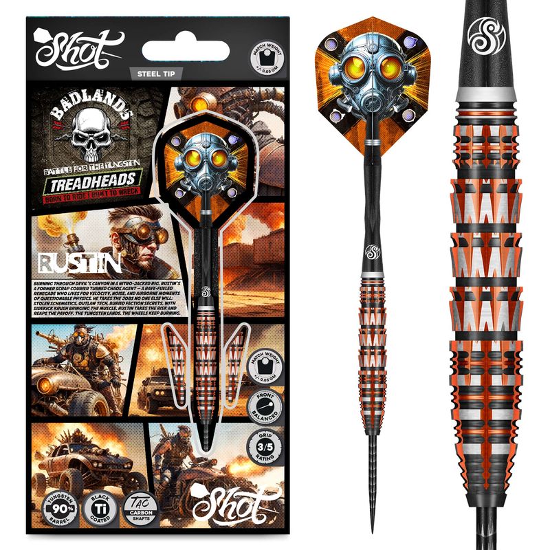 Dart with decorative head and packaging featuring 'Shot' branding and images of a character and vehicle.