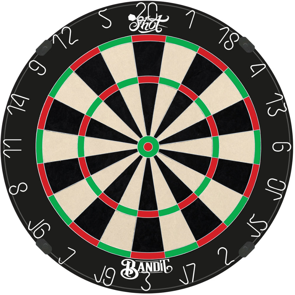 Dartboard with black, red, and green design on a white background