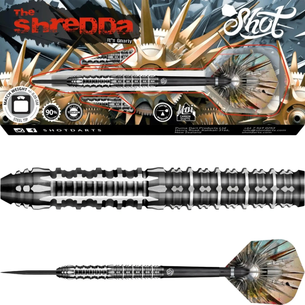 The Shredda 'It's Gnarry' Shot dart set by ShotDarts, featuring a silver and black patterned barrel with a multicolor iridescent fletching, shown in its retail packaging and as individual close-ups of the barrel and flight.