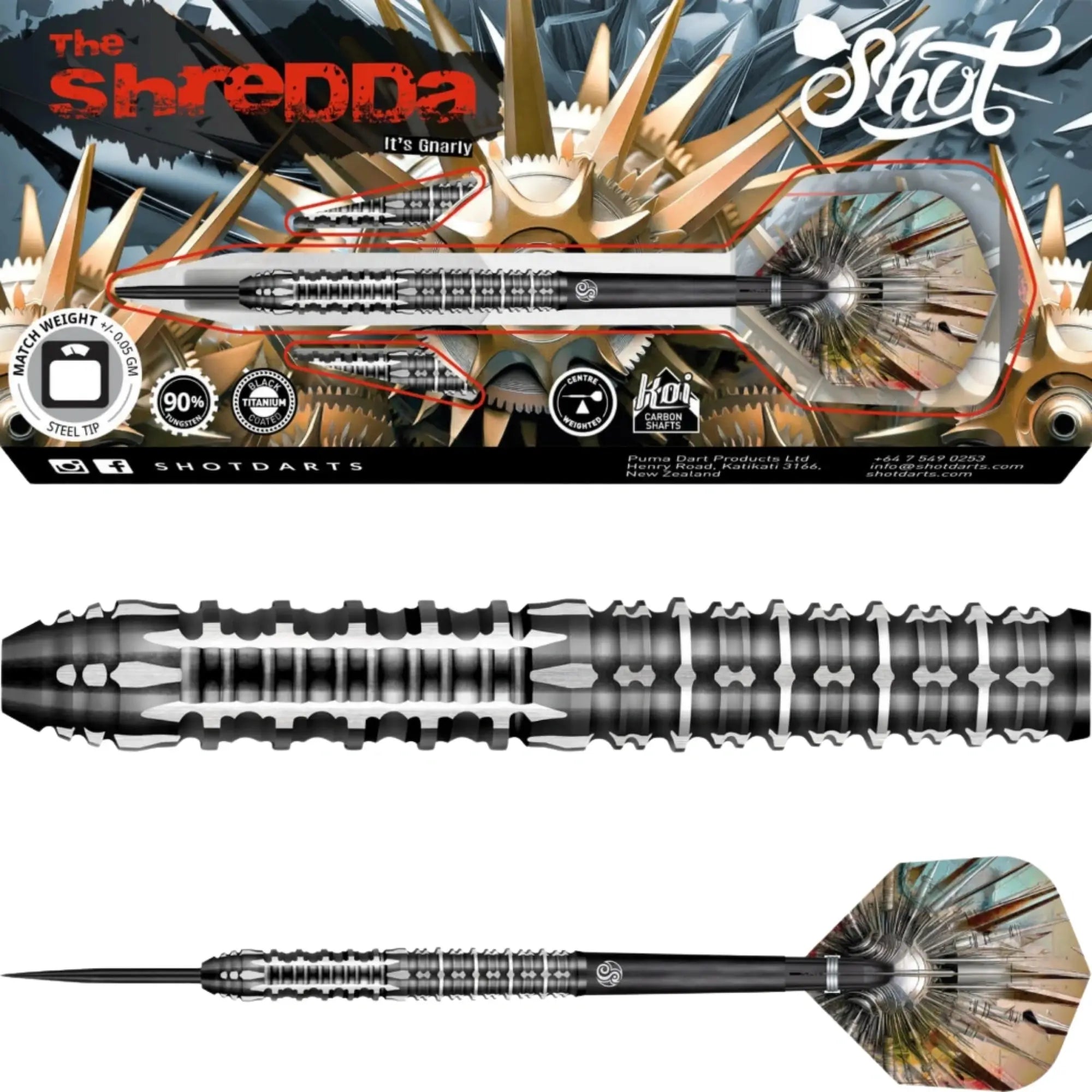 The Shredda 'It's Gnarry' Shot dart set by ShotDarts, featuring a silver and black patterned barrel with a multicolor iridescent fletching, shown in its retail packaging and as individual close-ups of the barrel and flight.