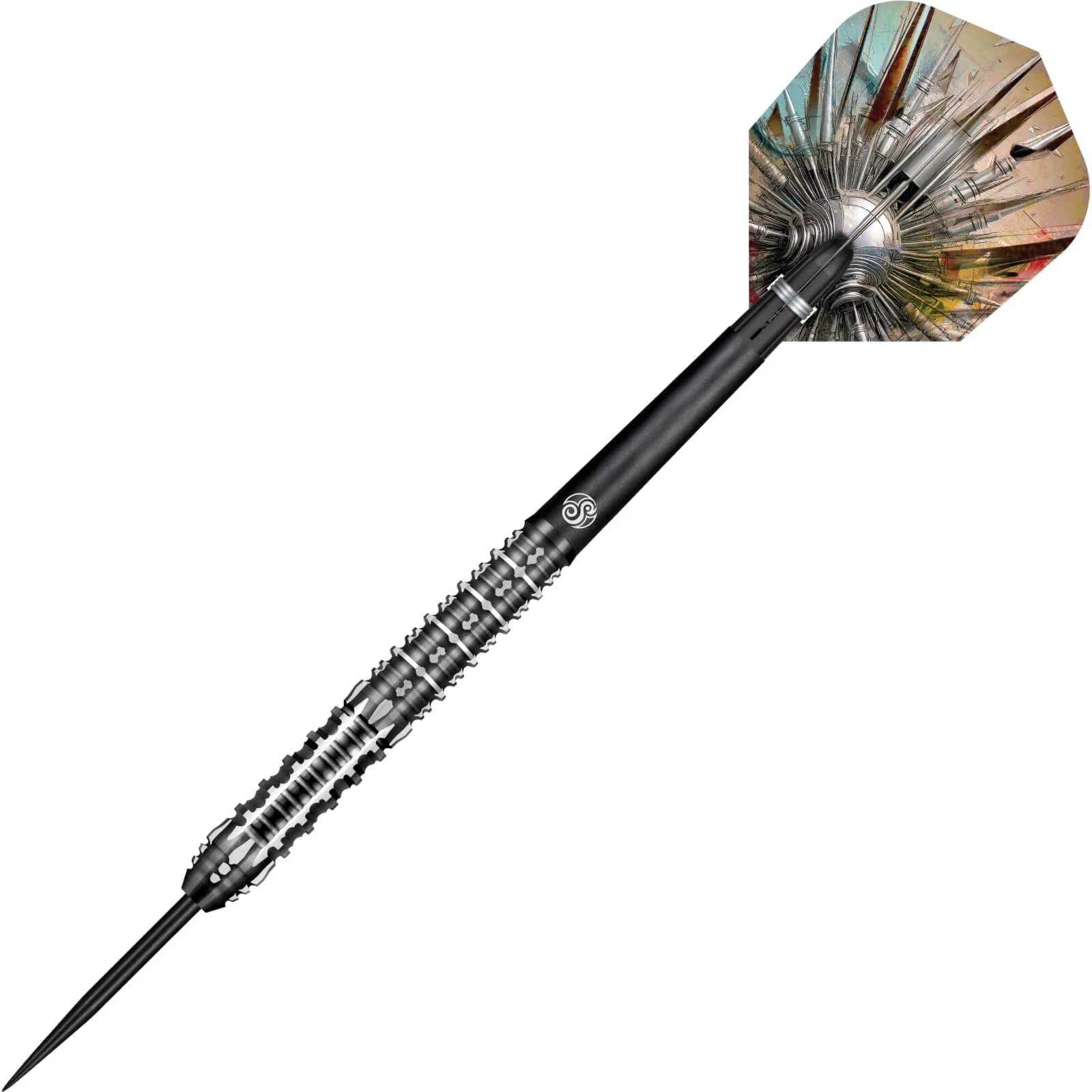 Dart with a multicolored flight on a white background