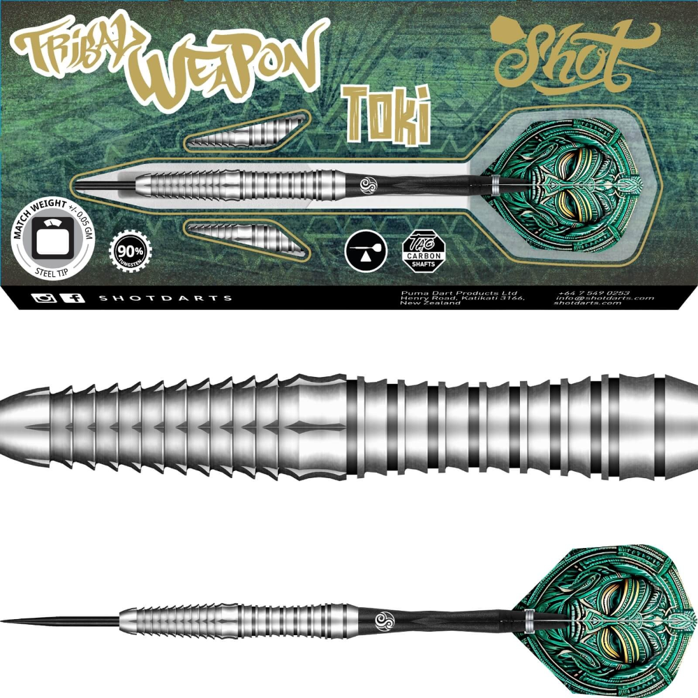 Shot darts with 'Toki' design on a green and gold branded background