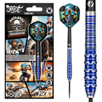 Blue darts with decorative tips next to their packaging featuring character illustrations.