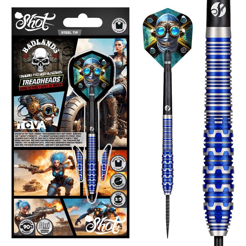 Blue darts with decorative tips next to their packaging featuring character illustrations.