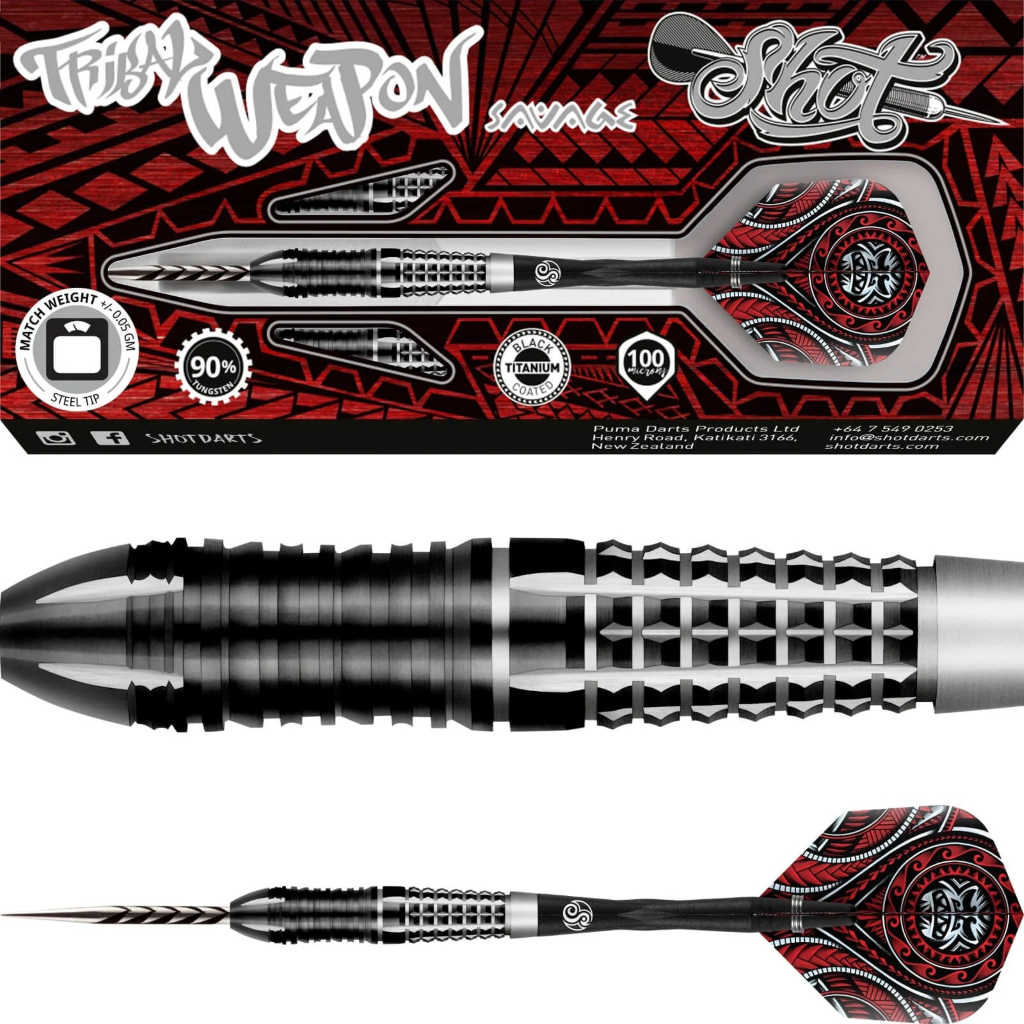 Two darts with red and black design on a branded packaging background