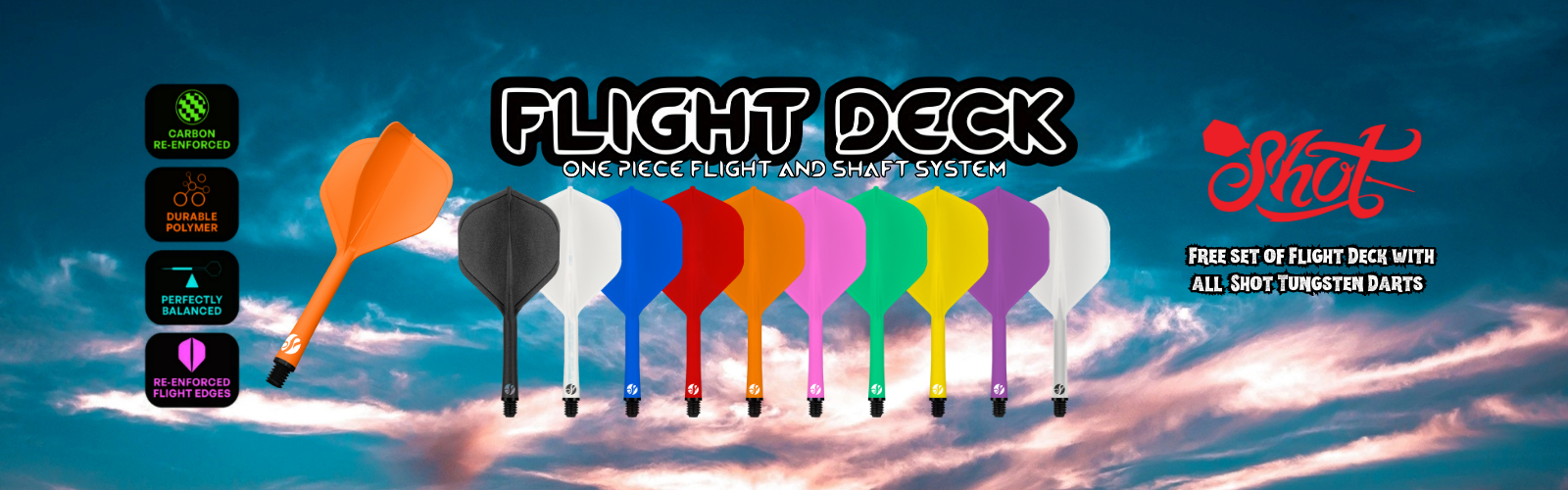 Colorful flight decks with 'Shot' branding against a sky background