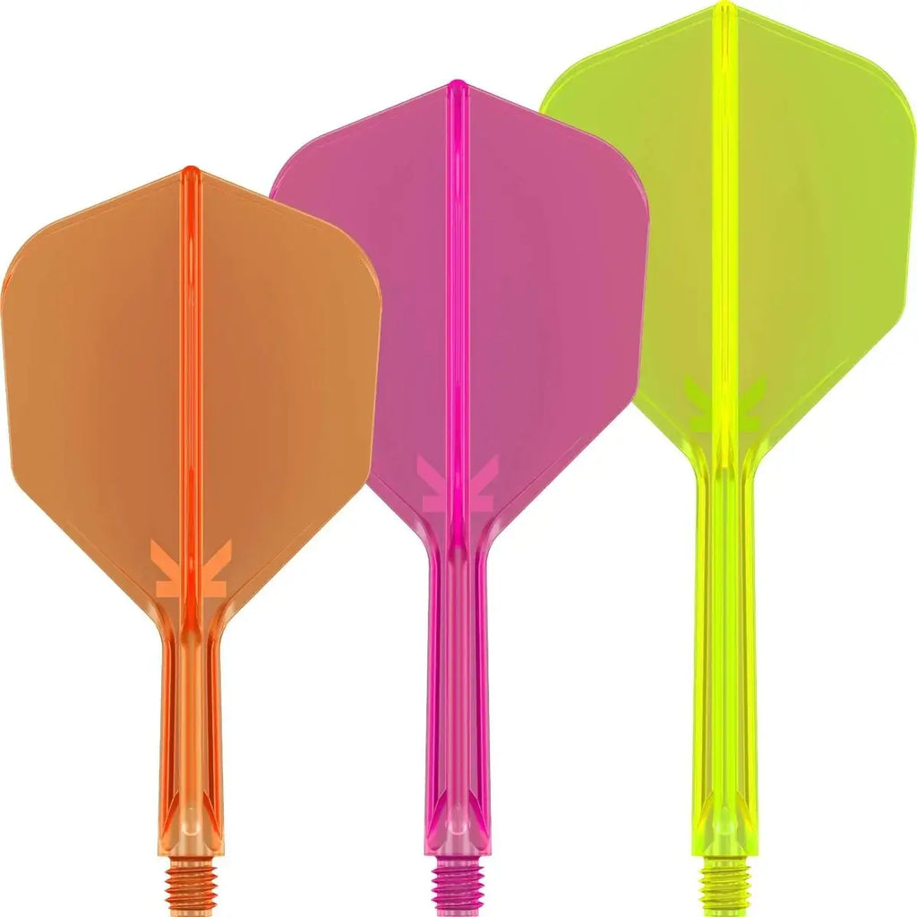 Three colorful darts with orange, pink, and green flights on a white background
