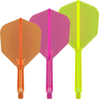 Three colorful darts with orange, pink, and green flights on a white background
