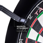 Close-up of a dartboard with a magnetic attachment feature highlighted.