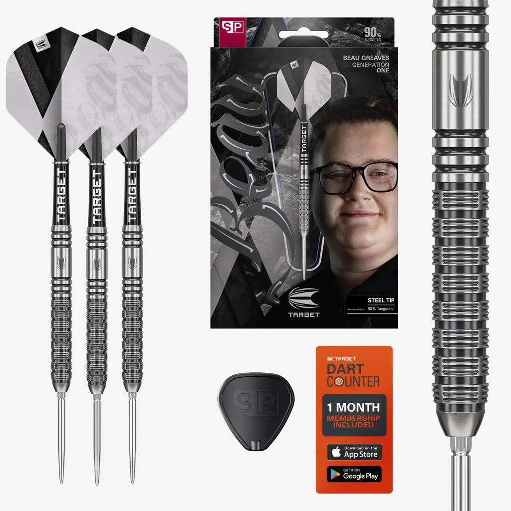 Collection of darts, packaging, and accessories on a white background