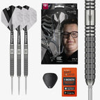 Collection of darts, packaging, and accessories on a white background