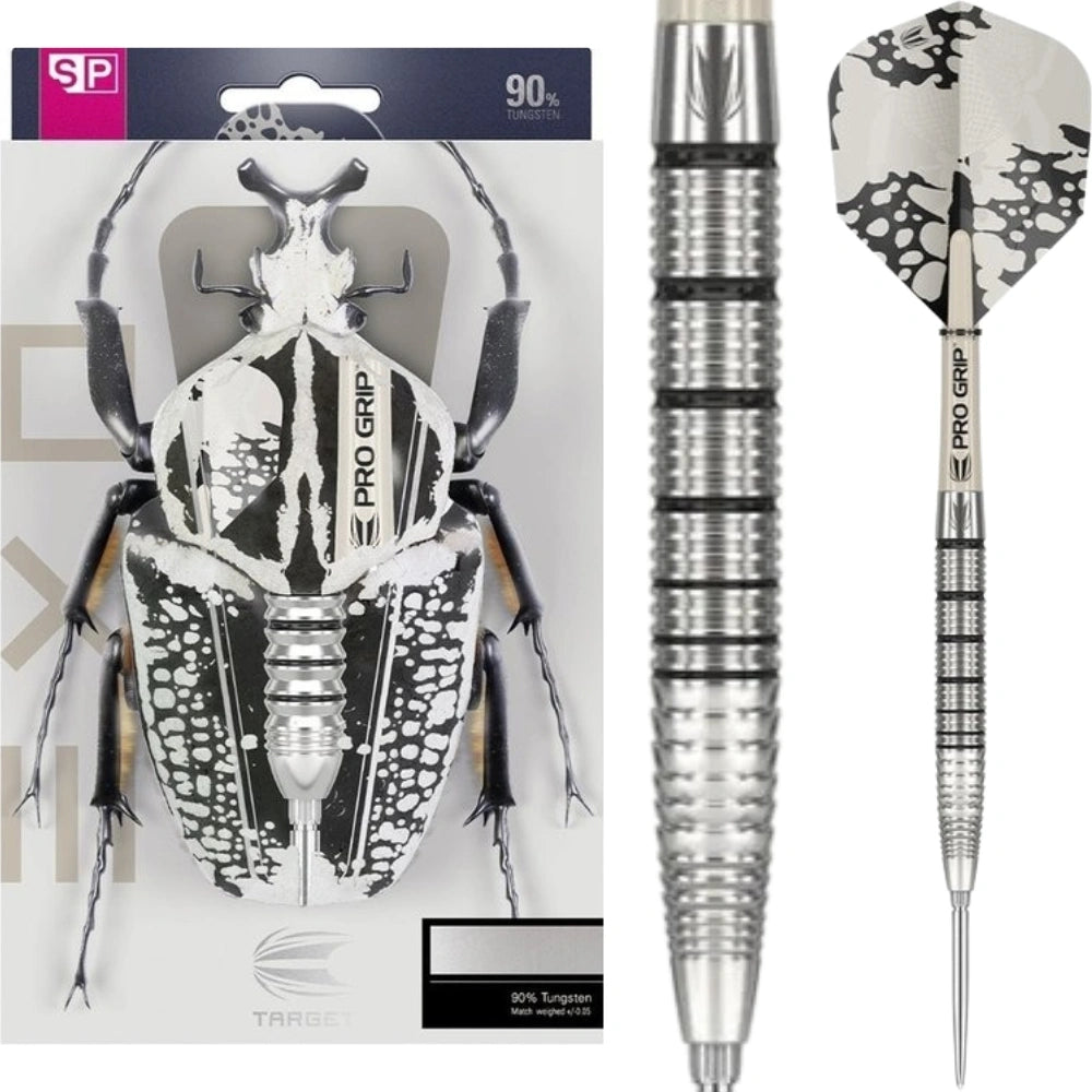 Dart packaging with a beetle design and two darts on a white background