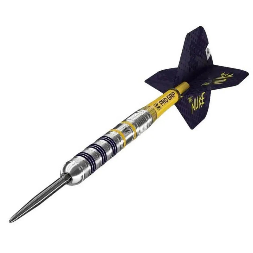 Dart with blue and yellow design on a white background