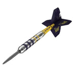 Dart with blue and yellow design on a white background