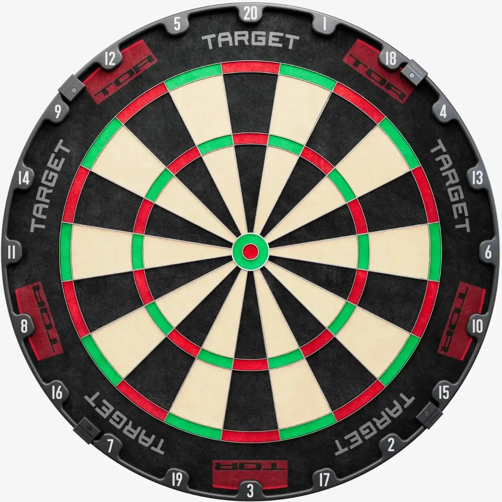 Dartboard with red, green, and black sections on a white background