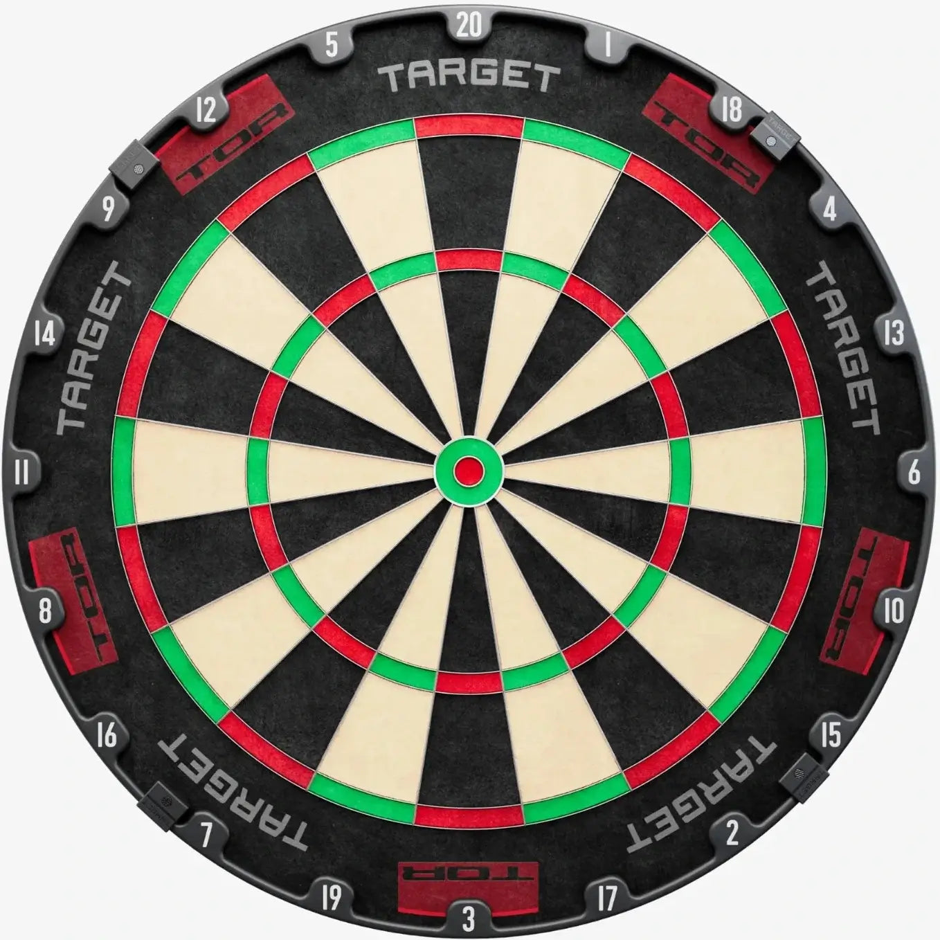 Dartboard with red, green, and black sections on a white background