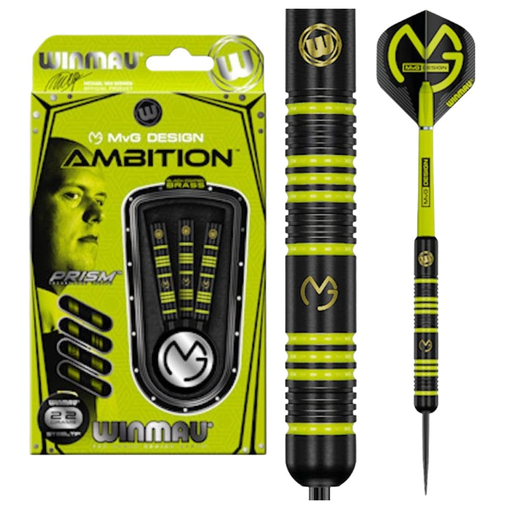 Winmau dart set with packaging featuring a yellow and black design.