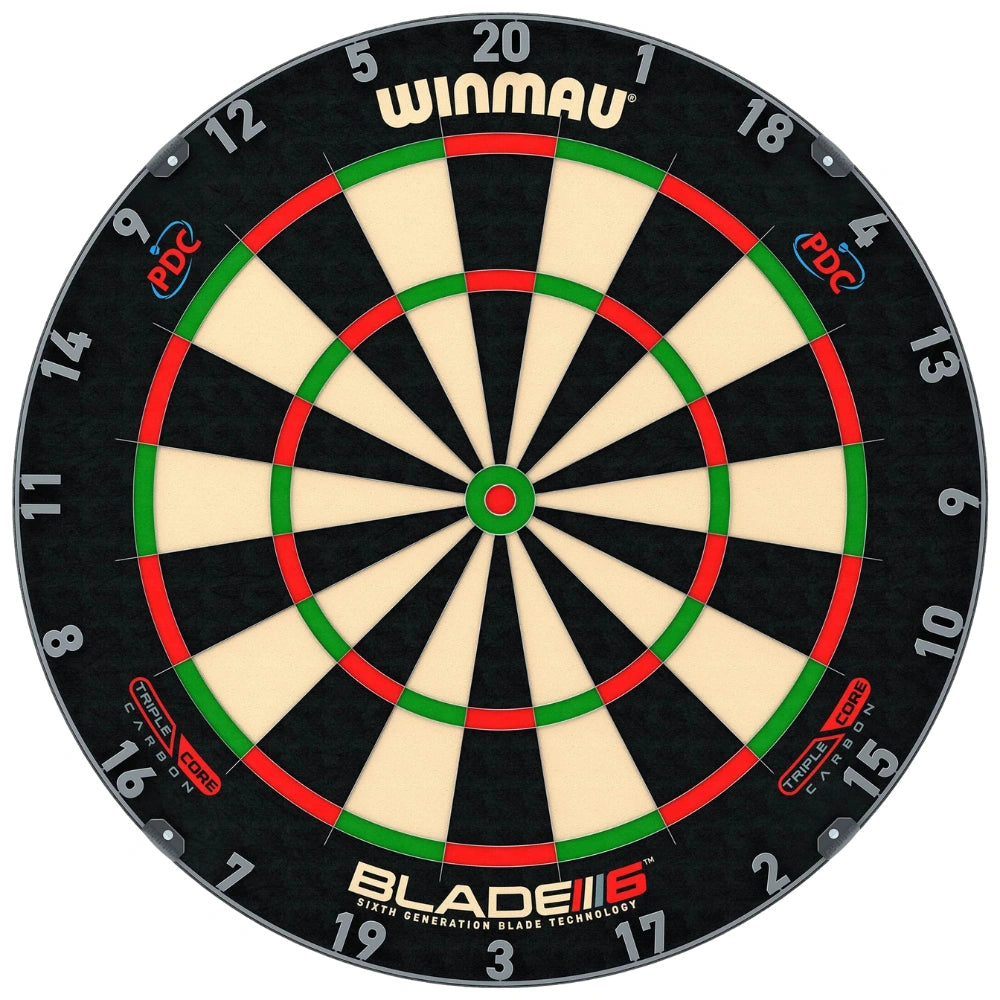 Winmau Blade 6 Triple Core dartboard with PDC logo