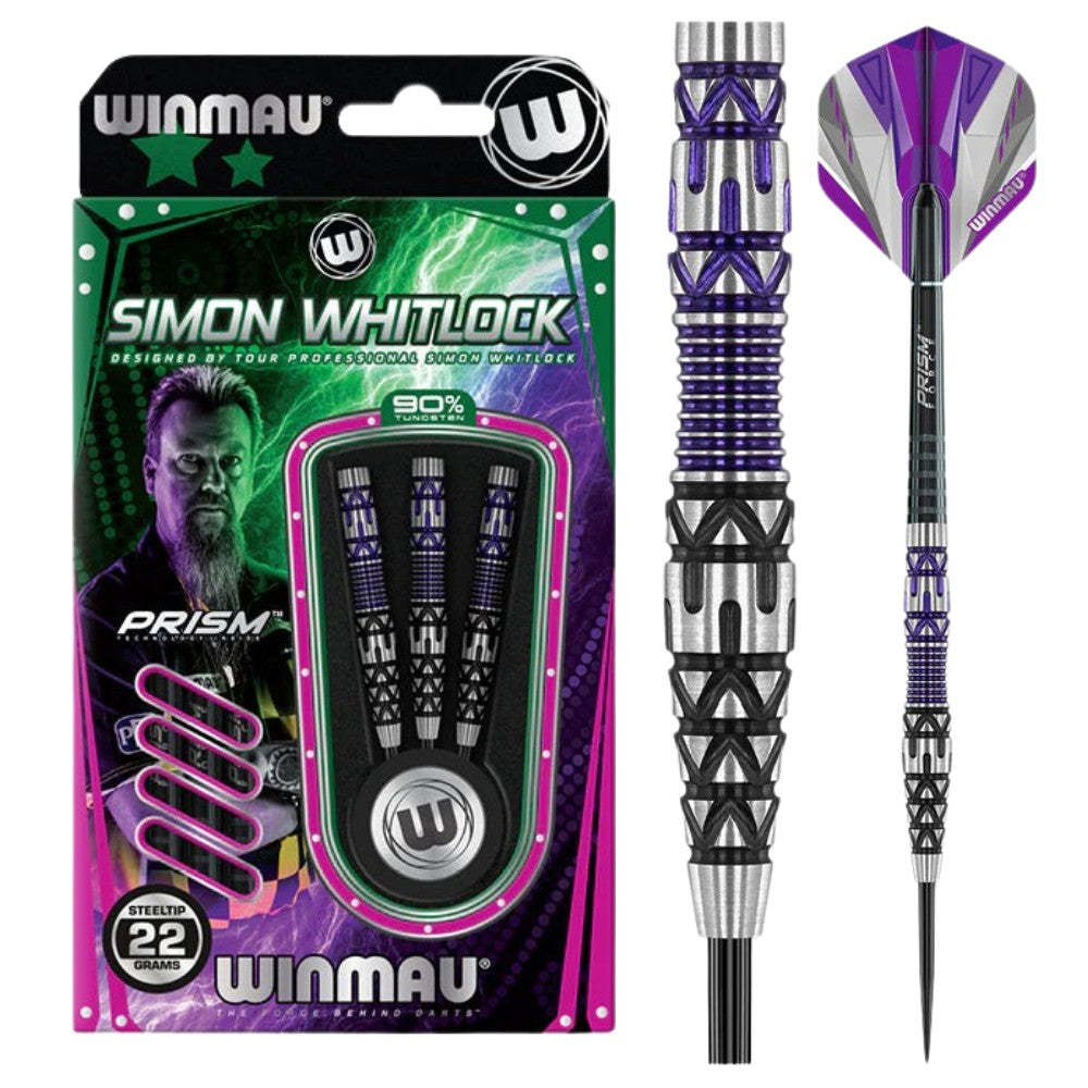 Winmau Simon Whitlock Prism darts with packaging on a white background
