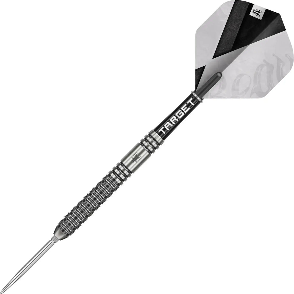 Dart with a black and silver shaft and white flight on a white background