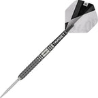 Dart with a black and silver shaft and white flight on a white background