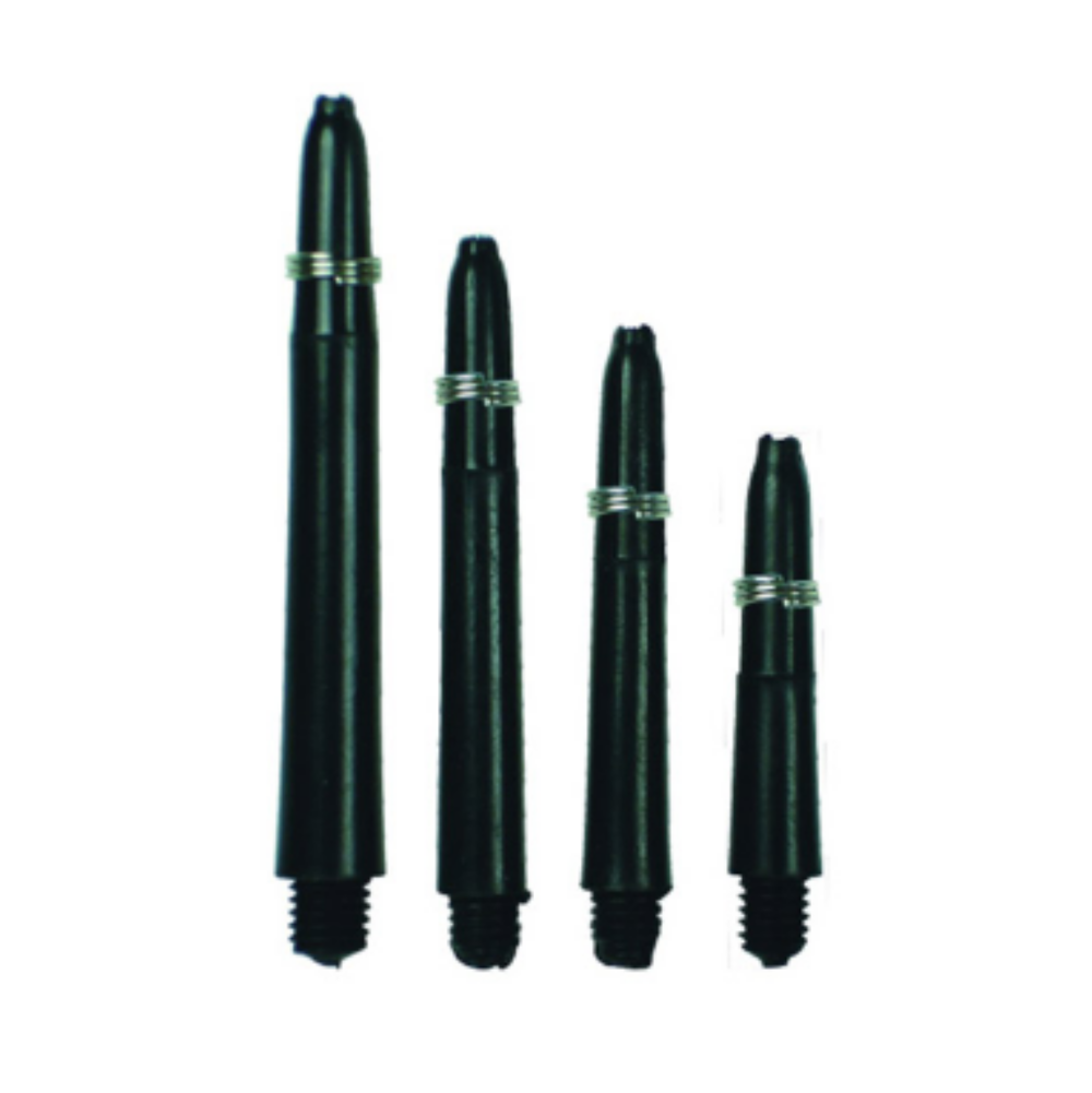 Four black darts with silver rings on a white background