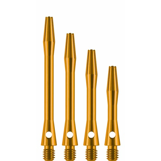 Four gold-colored darts with white centers on a white background