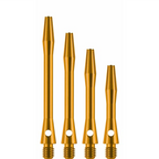 Four gold-colored darts with white centers on a white background