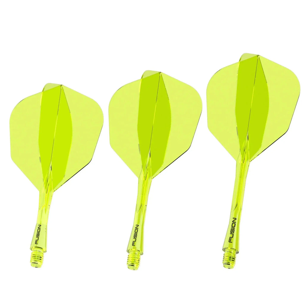 Three yellow darts with clear shafts on a white background
