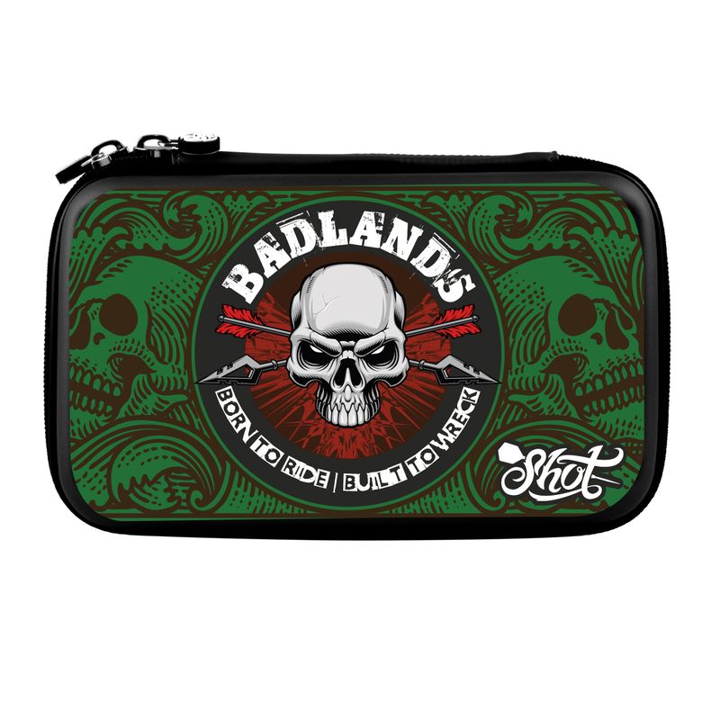 Green and black case with skull design and 'Badlands' branding on a white background