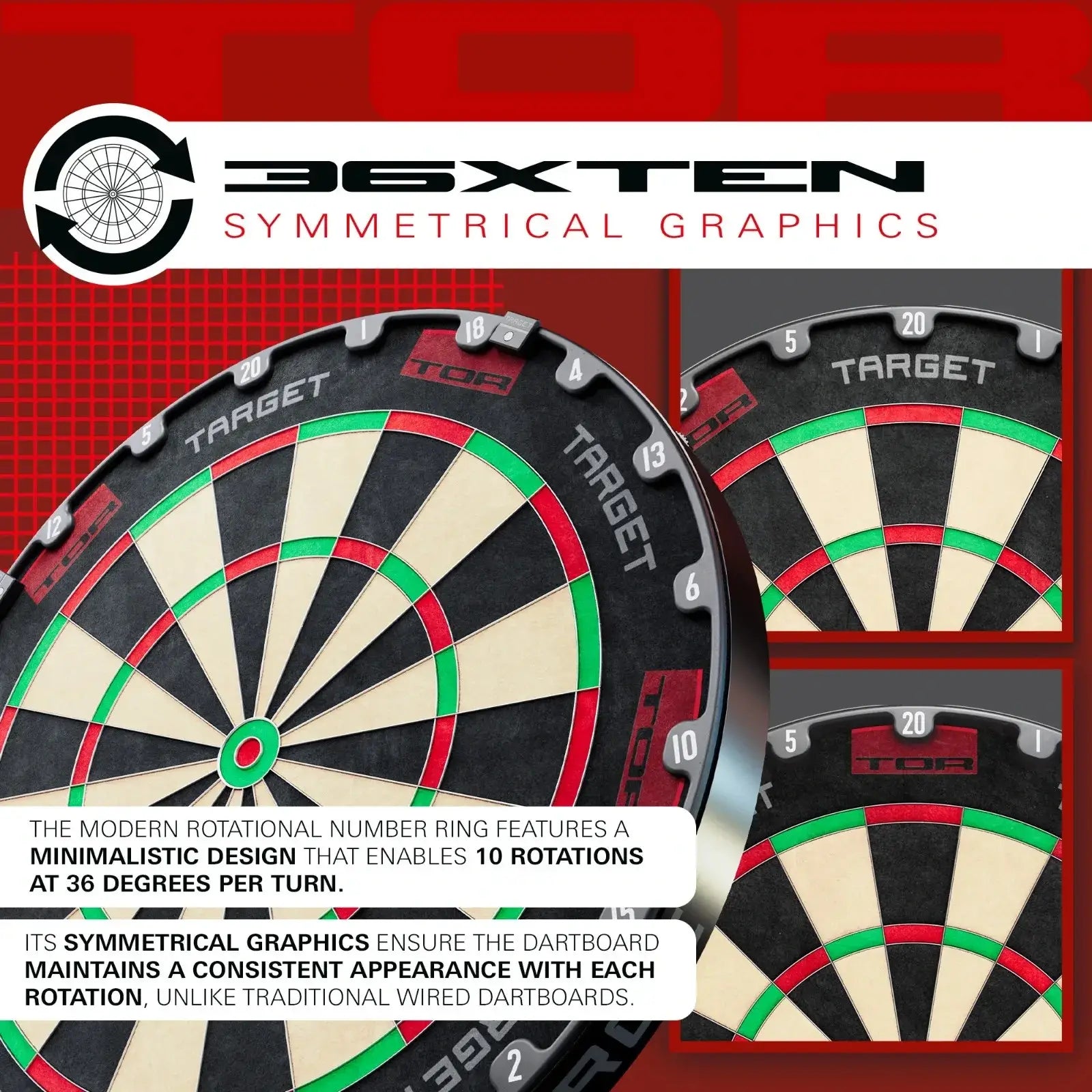 Dartboard with symmetrical graphics and 36XTen branding on a red background