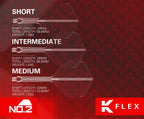 Three types of darts labeled 'Short', 'Intermediate', and 'Medium' with their specifications on a red background, featuring the K Flex brand.