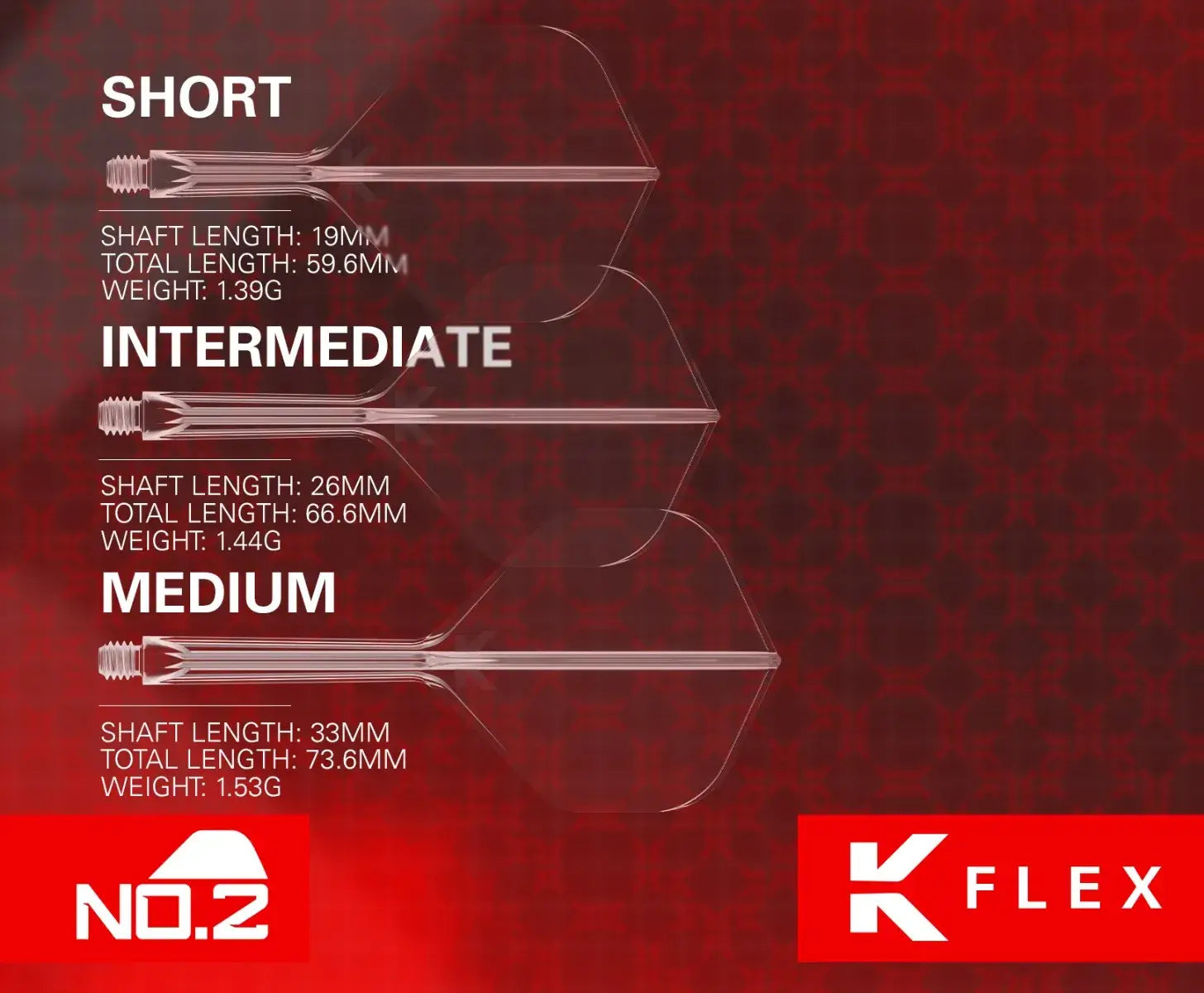 Three types of darts labeled 'Short', 'Intermediate', and 'Medium' with their specifications on a red background, featuring the K Flex brand.