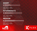 K Flex dart shafts with labeled dimensions and weights on a red background