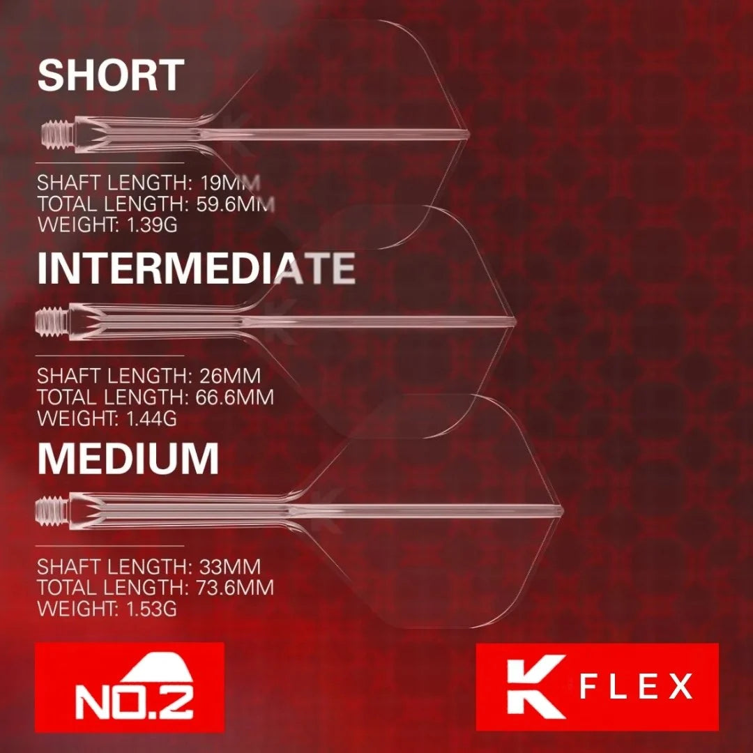 K Flex dart shafts with measurements on a red background