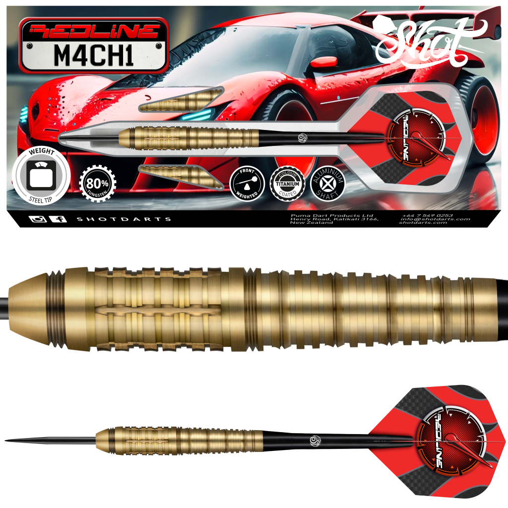 Gold dart with red and black design on a white background, featuring Shotdarts branding.