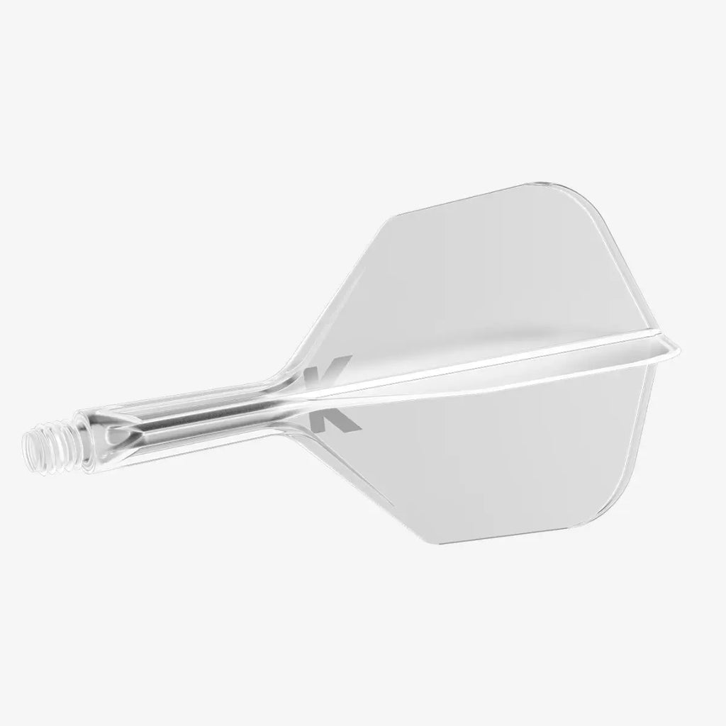 Clear plastic dart flight on a white background